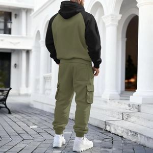 Rear view of men's heavy fleece cargo tracksuit set with hoodie and joggers