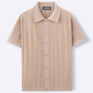 Men's summer short sleeve knit polo shirt with vertical wave texture in beige