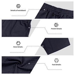 Detailed views of navy men's knit set showing textured waistband, pockets and stitching