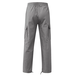Vue arrière du pantalon cargo gris foncé avec taille élastique et poches à rabat