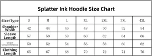 Size chart for men's splash ink hoodie set detailing shoulder, chest, and length info