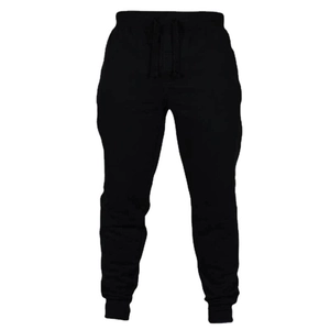 Men's solid black casual joggers featuring a drawstring waist and ribbed cuffs for sports