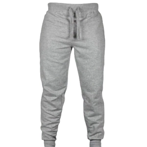 Men's casual grey knit joggers with elastic drawstring waist and ribbed cuffs