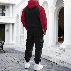 Rear view of men's heavy fleece tracksuit with burgundy contrast hood and cargo pockets