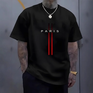 Men's loose black cotton T-shirt with white Paris letter print and red stripes on the chest