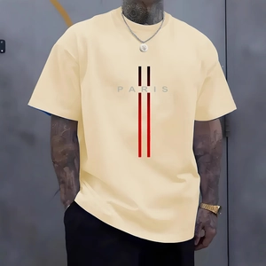 Oversized men's beige T-shirt featuring Paris letter print and gradient vertical lines