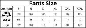 Size chart for men's casual joggers showing detailed measurements from S to XXXL sizes