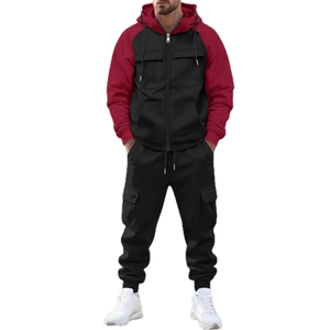 Men's heavyweight fleece tracksuit with hooded zip-up jacket and multi-pocket cargo pants