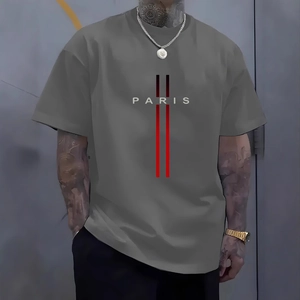 Men's dark grey oversized Paris print cotton T-shirt with red stripes street style