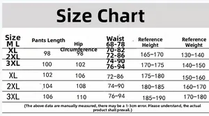 Detailed size chart for men's slim fit sports pants including length, hip, and waist