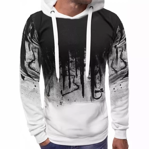 Men's ink splash graphic hoodie with gradient black and white fleece finish and drawstring