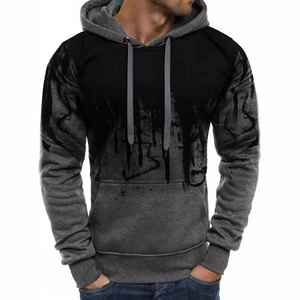 Men's ink splash print hoodie with drawstring hood and kangaroo pocket in black grey