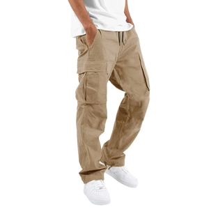 Détails du pantalon cargo kaki avec taille élastique à cordon et grandes poches latérales