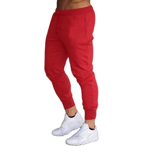 Men's slim fit red joggers with drawstring waist and ribbed ankle cuffs for fitness training