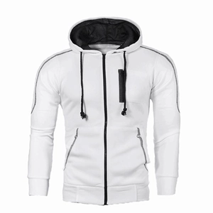 Dettaglio felpa con cappuccio fitness bianca da uomo con tasche con zip e cuciture