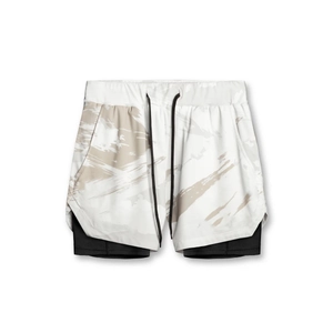 Men's double-layer athletic running shorts with white camo print and black inner liner
