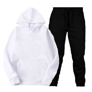 Men's casual white hoodie and black joggers set with kangaroo pocket and drawstring