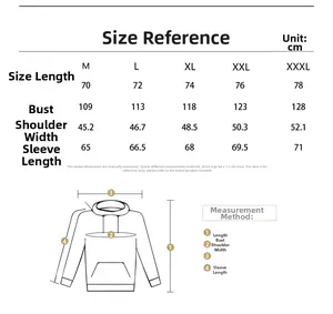 Detailed size chart for men's hooded tracksuit showing M to 3XL measurements in cm