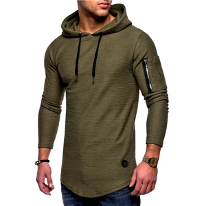 T-shirt à manches longues à capuche vert olive pour hommes avec fermeture éclair au bras