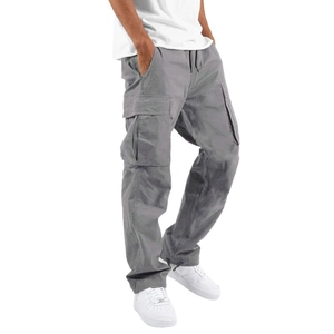 Pantalon cargo gris pour homme avec poches latérales et taille à cordon, coupe droite