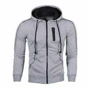 Felpa sportiva uomo con cappuccio grigio chiaro con dettagli zip nera e coulisse nera