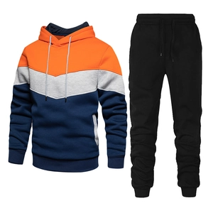 Detail of color-block hooded sweatshirt with drawstring and ribbed cuffs in sports set