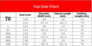 Detailed size chart for Hawaiian floral print shirt set showing S to 5XL measurements