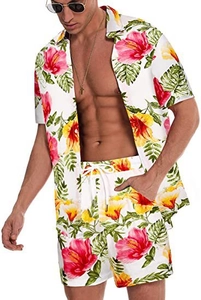 Close-up of tropical floral print on men's summer shirt and drawstring shorts set
