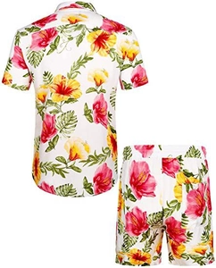 Rear view of white Hawaiian set with red hibiscus flowers on shirt and shorts