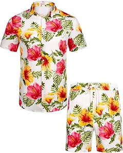 Detail of Hawaiian floral set featuring hibiscus print short sleeve shirt and shorts