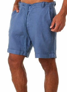 Detail view of men's blue summer shorts featuring drawstring waist and cuffed leg hem