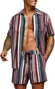 Detail of Hawaiian style casual set featuring colorful vertical stripes and waist drawstring