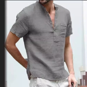 Chemise Henley à manches courtes en lin gris foncé pour hommes avec col officier et poche