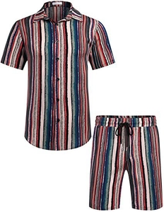 Detailed flat lay of men's two-piece set with artistic colorful vertical stripes