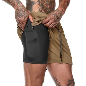 Men's 2-in-1 khaki running shorts with black compression liner and phone pocket