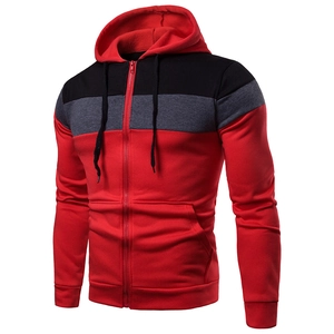 Herren Hoodie mit dreifarbigem Patchwork in Rot, Grau und Schwarz mit Kordelzug und Reißverschluss