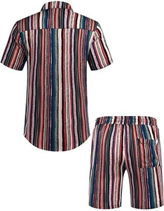 Detail view of colorful vintage striped pattern on casual shirt and shorts set