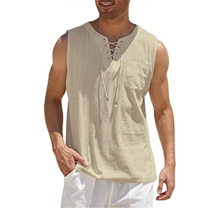 Herren Freizeit-Leinenhemd mit Schnürung, V-Ausschnitt und Brusttasche in Beige