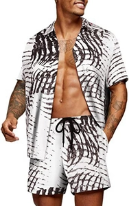 Detail of men's summer shirt set with black abstract print on white breathable fabric