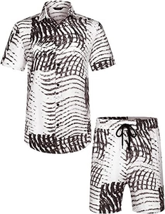 Detail of loose-fit summer Hawaiian shirt set featuring black abstract wave print and drawstrings