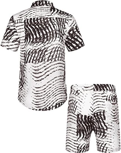 Flat lay of men summer casual set with black wave pattern on white shirt and shorts