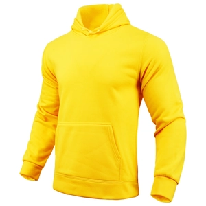 Detalle de sudadera con capucha amarillo brillante con bolsillo canguro y cordón ajustable