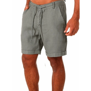 Men's drawstring casual shorts in sage green with linen texture on white background