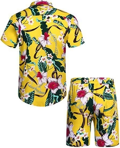 Detailed flat lay of yellow Hawaiian set with tropical floral and chain print