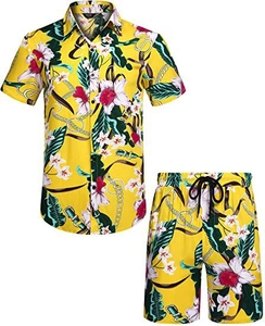 Flat lay of yellow Hawaiian floral print shirt and drawstring shorts casual set