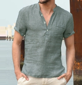 Camicia da uomo in cotone e lino a maniche corte con collo Henley verde salvia