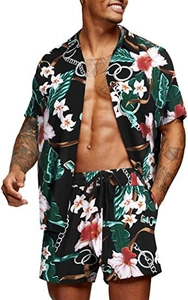 Close-up of summer floral two-piece set featuring Hawaiian print and elastic drawstring waistband