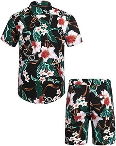 Back view of tropical floral shirt and shorts set with chain print and hibiscus pattern