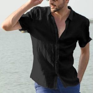 Men's black short sleeve cotton linen shirt with classic lapel for summer beach casual wear