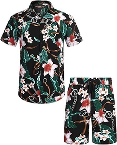 Detail of floral Hawaiian shirt set with tropical hibiscus print and drawstring shorts